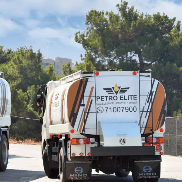 The rear of a Petro Elite tanker, showing the WhatsApp ordering number